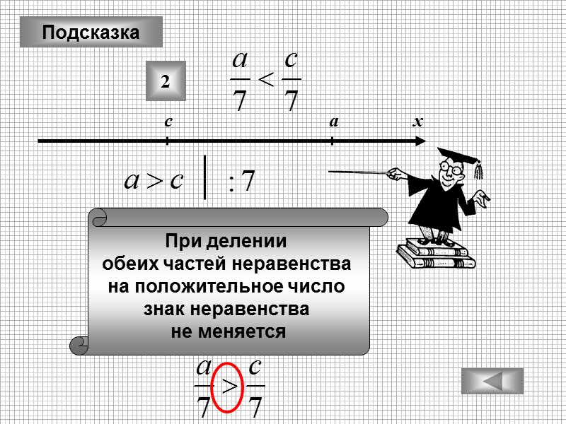 Подсказка 2 При делении  обеих частей неравенства  на положительное число  знак